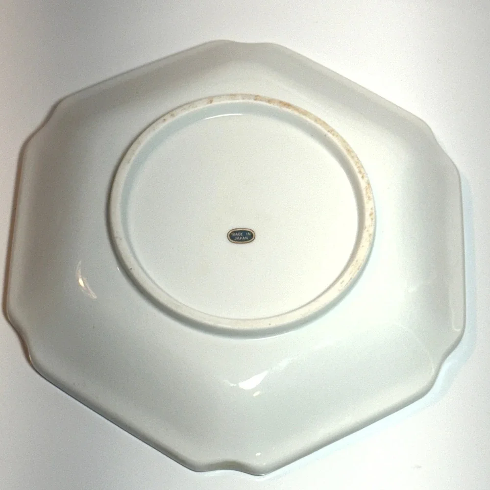 Octagon Shaped Ceramic Plate Iris Flower Design Pastel Colors‎ Blue Rim